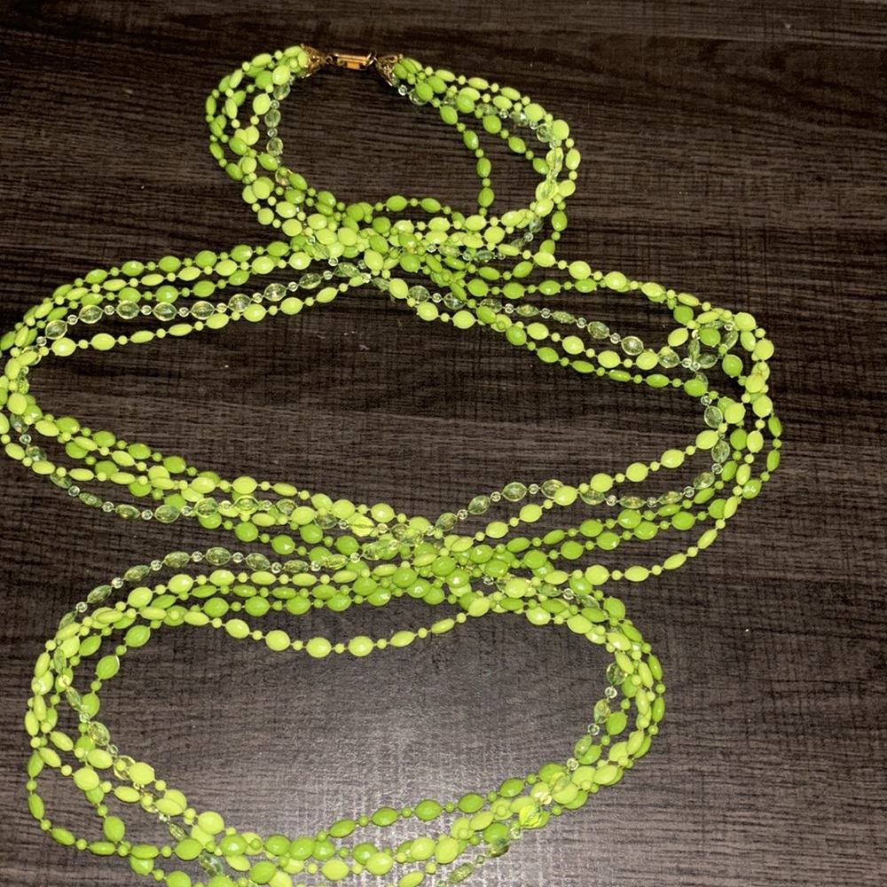 lime green beaded vintage necklace ~27” 13.5” half show stopper 5 separate